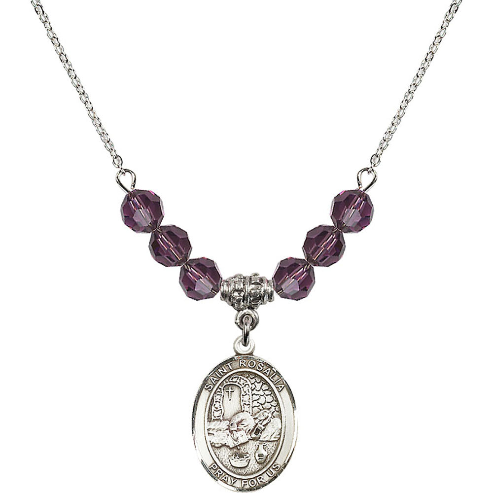 Sterling Silver Saint Rosalia Birthstone Necklace with Amethyst Beads - 8309