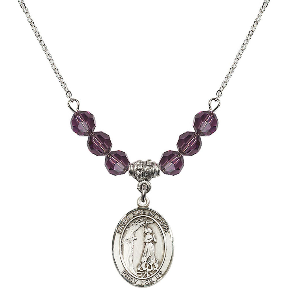 Sterling Silver Saint Zoe of Rome Birthstone Necklace with Amethyst Beads - 8314