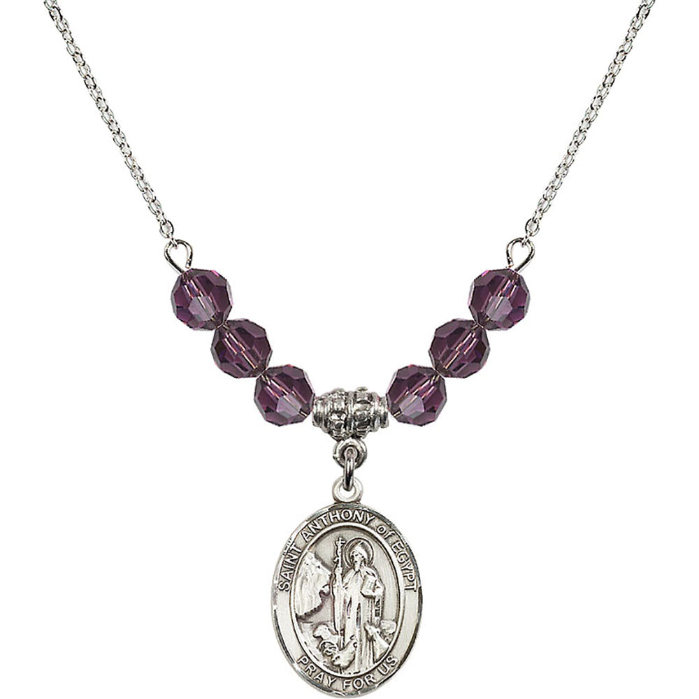 Sterling Silver Saint Anthony of Egypt Birthstone Necklace with Amethyst Beads - 8317