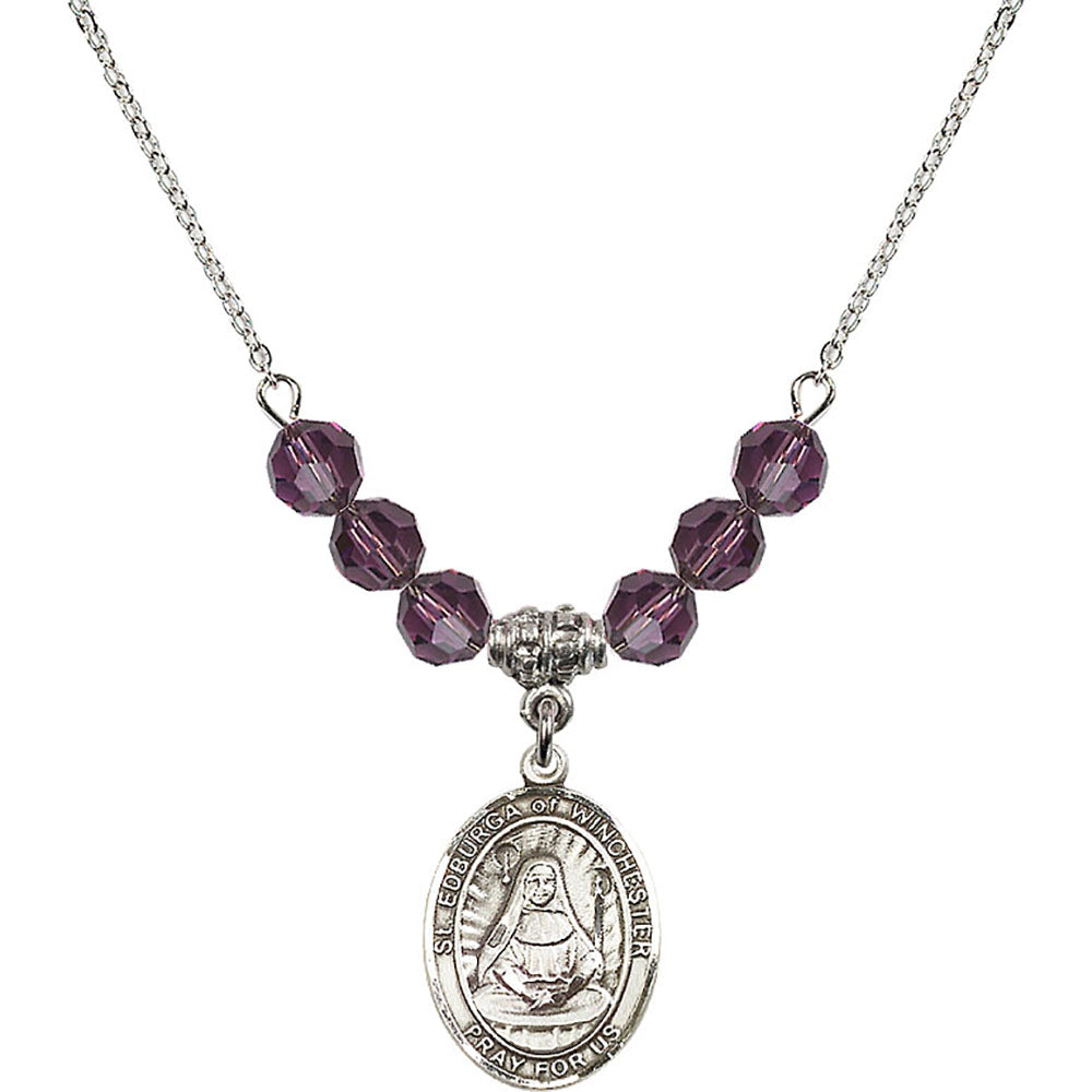 Sterling Silver Saint Edburga of Winchester Birthstone Necklace with Amethyst Beads - 8324