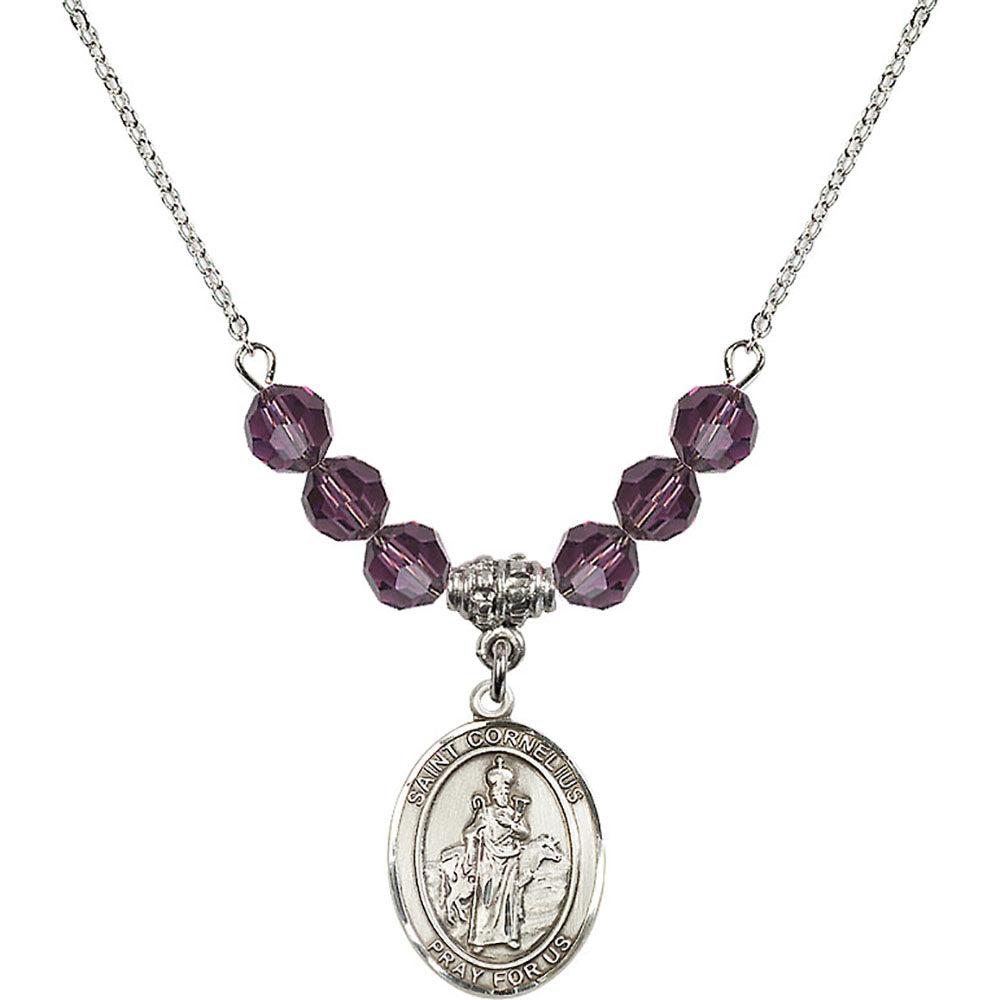 Sterling Silver Saint Cornelius Birthstone Necklace with Amethyst Beads - 8325