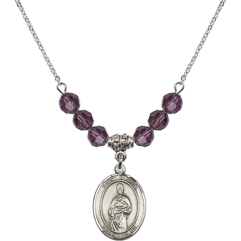 Sterling Silver Saint Eligius Birthstone Necklace with Amethyst Beads - 8402