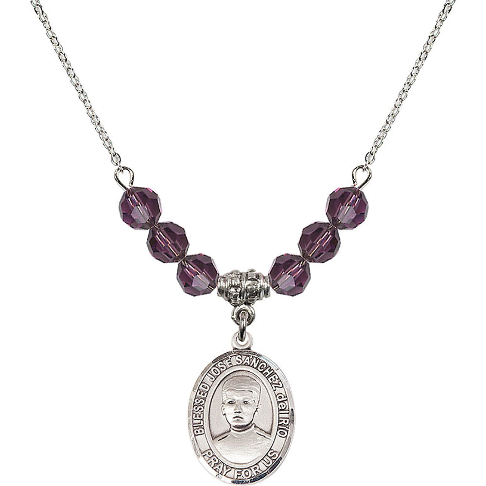 Sterling Silver Blessed Jose Sanchez del Rio Birthstone Necklace with Amethyst Beads - 8446