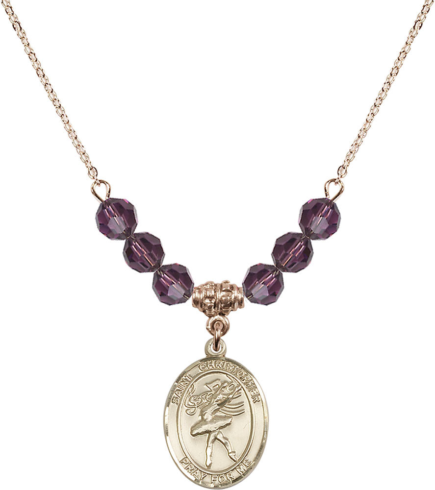 14kt Gold Filled Saint Christopher/Dance Birthstone Necklace with Amethyst Beads - 8512