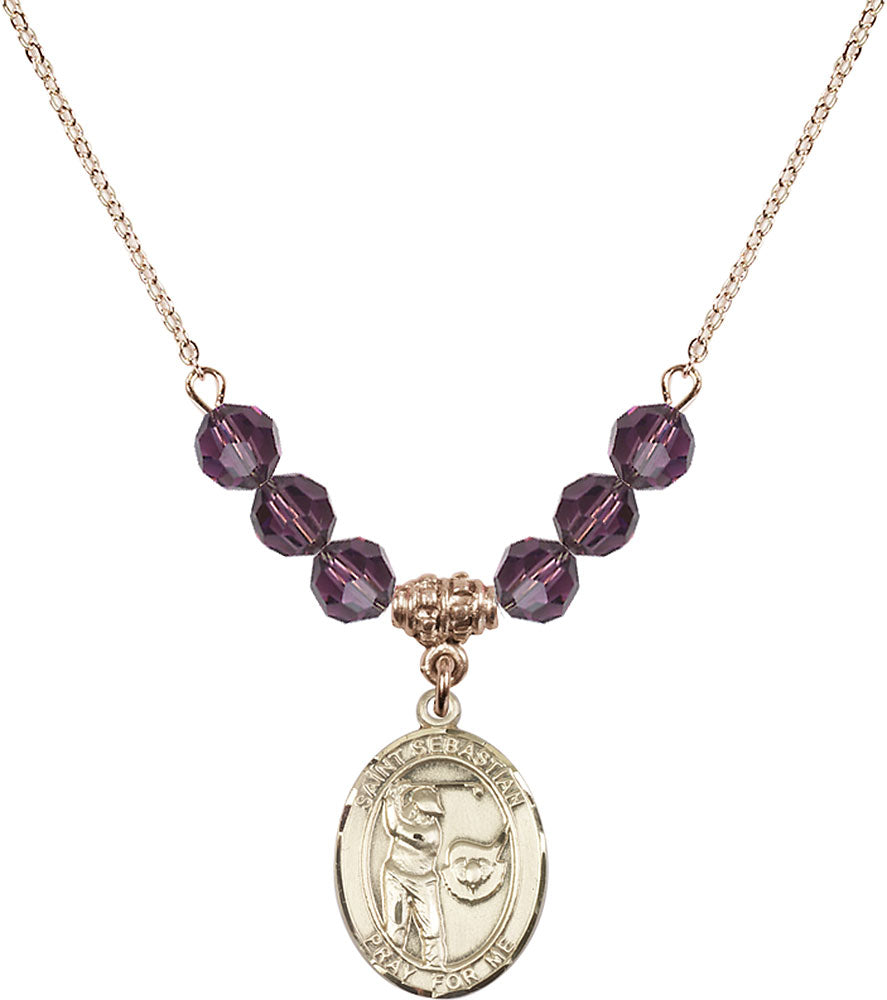 14kt Gold Filled Saint Sebastian / Golf Birthstone Necklace with Amethyst Beads - 8606