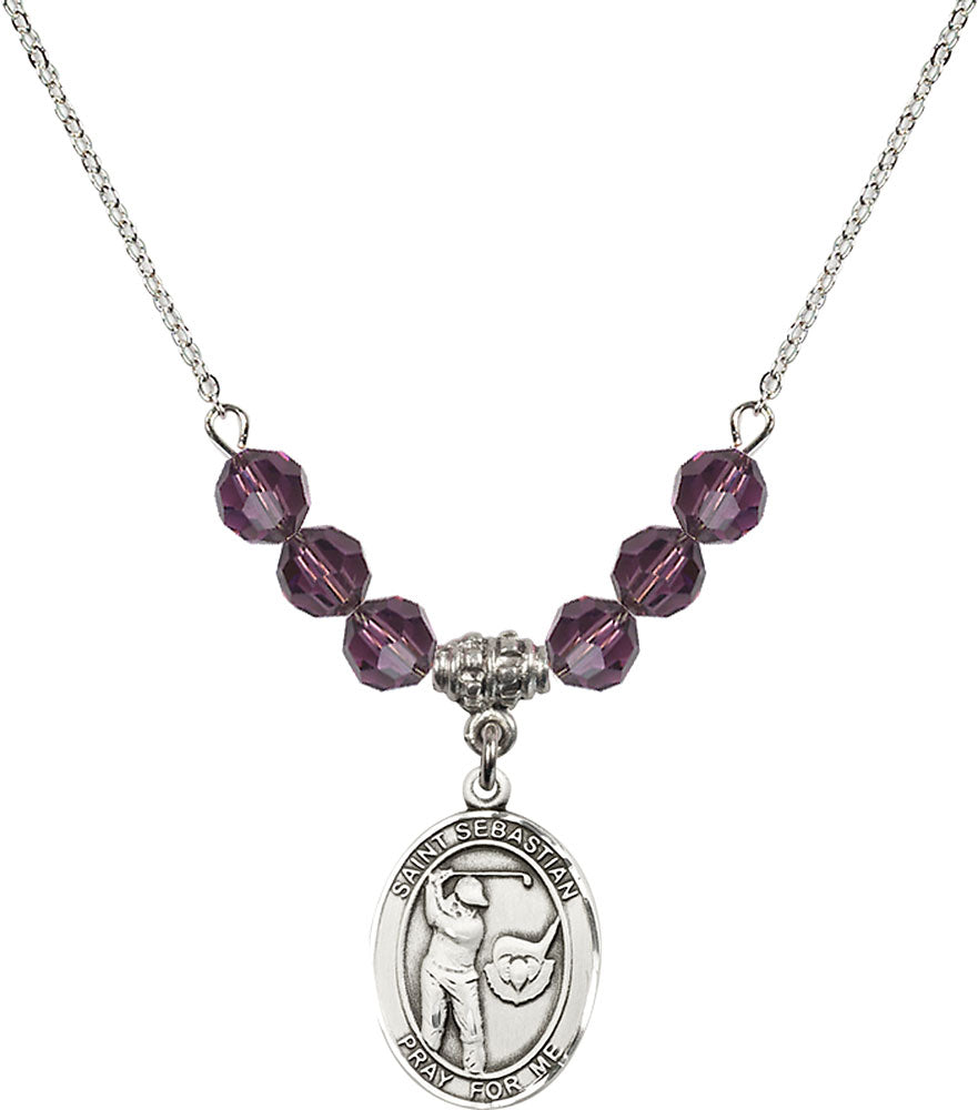 Sterling Silver Saint Sebastian / Golf Birthstone Necklace with Amethyst Beads - 8606