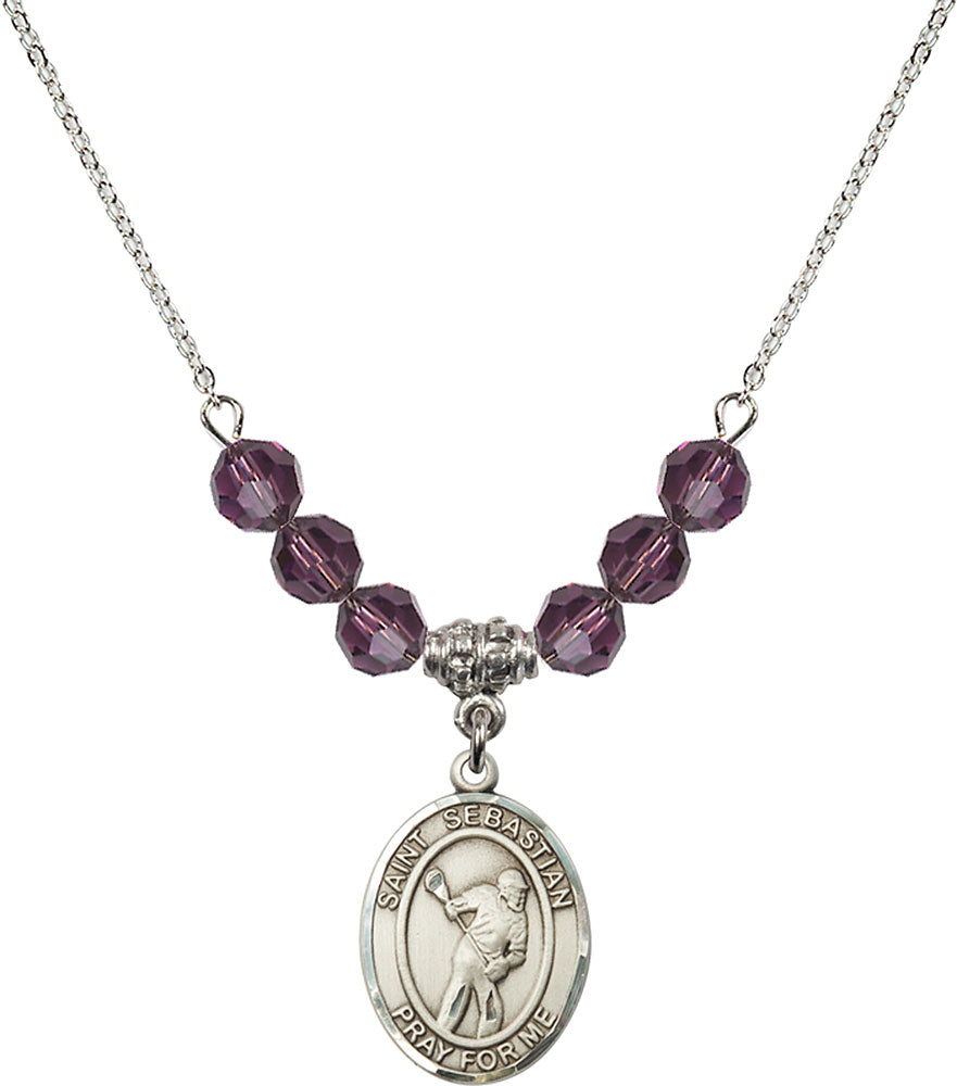 Sterling Silver Saint Sebastian/Lacrosse Birthstone Necklace with Amethyst Beads - 8616