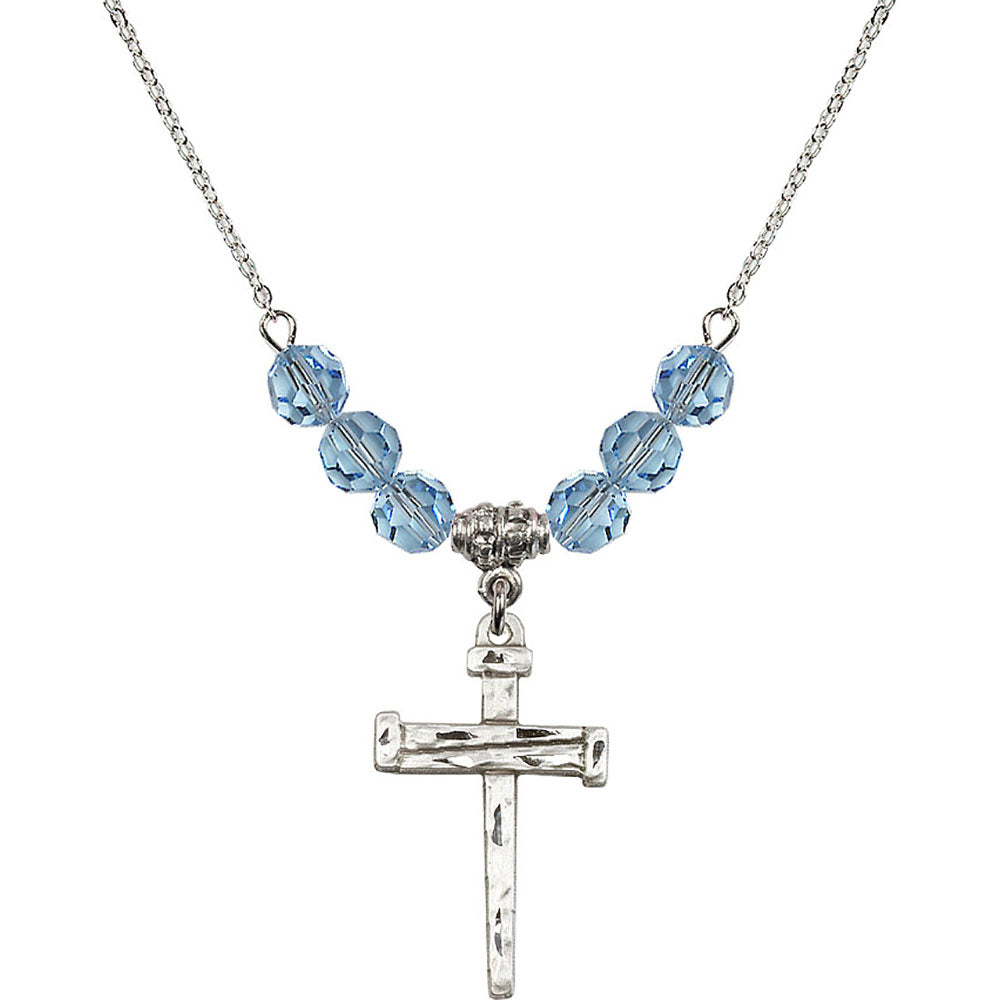 Sterling Silver Nail Cross Birthstone Necklace with Aqua Beads - 0013