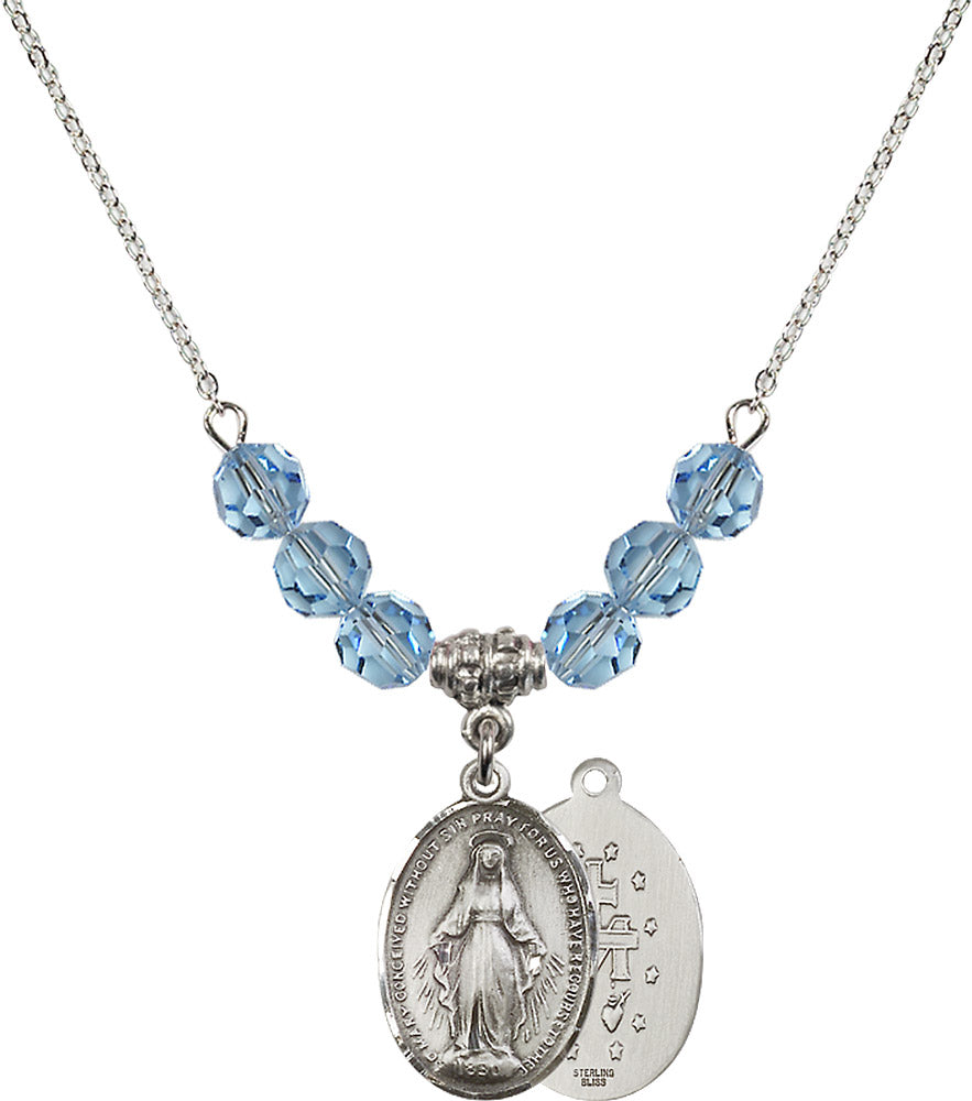 Sterling Silver Miraculous Birthstone Necklace with Aqua Beads - 0015