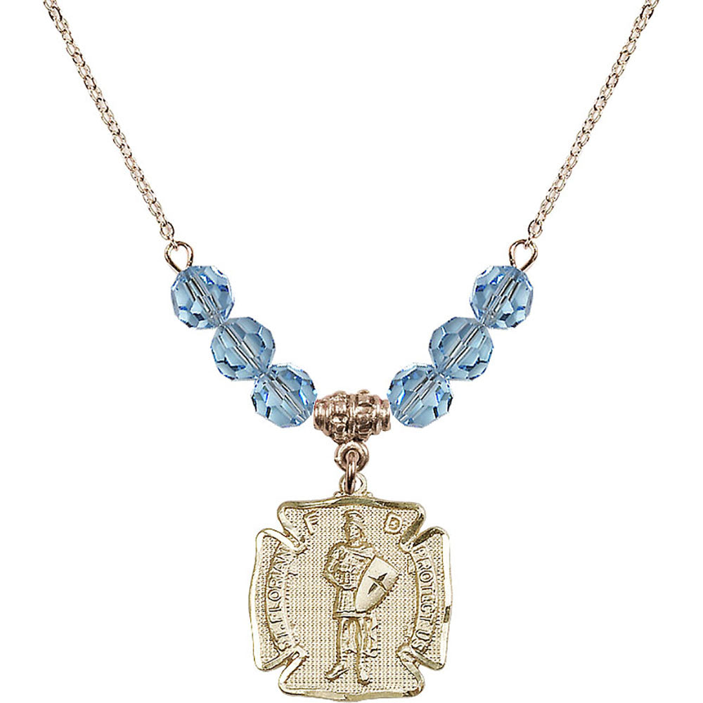 14kt Gold Filled Saint Florian Birthstone Necklace with Aqua Beads - 0070