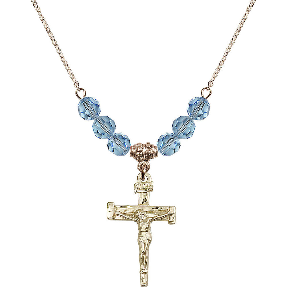 14kt Gold Filled Nail Crucifix Birthstone Necklace with Aqua Beads - 0073