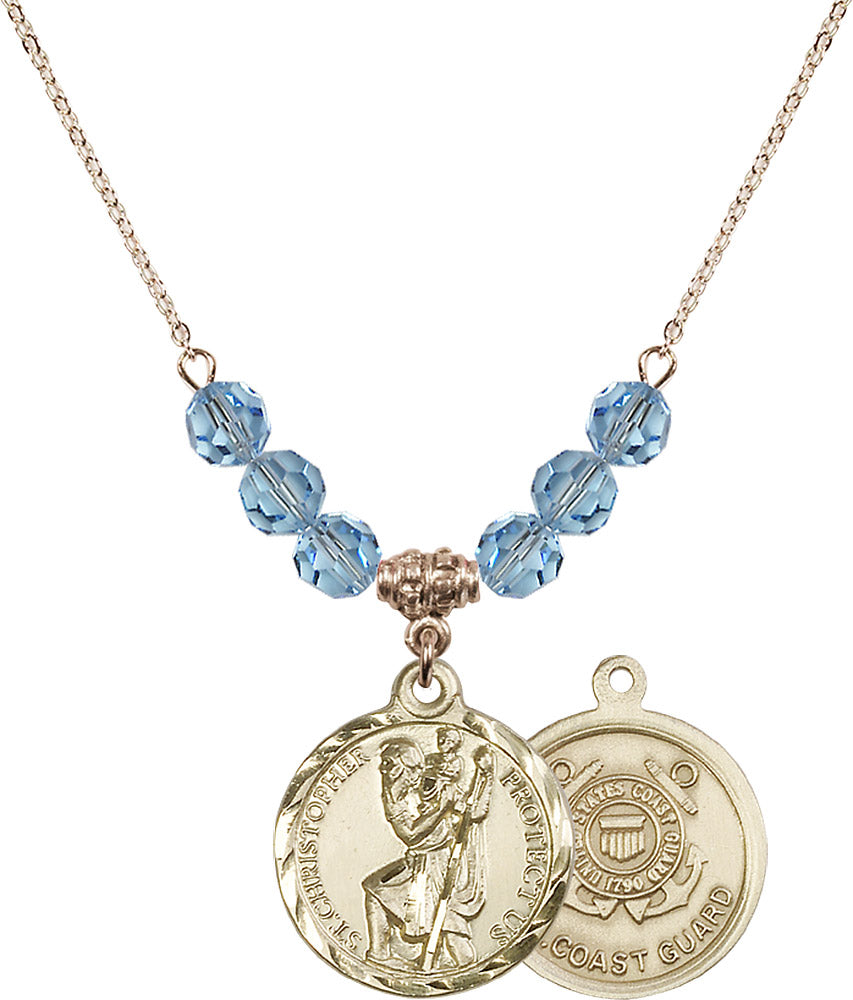 14kt Gold Filled Saint Christopher / Coast Guard Birthstone Necklace with Aqua Beads - 0192