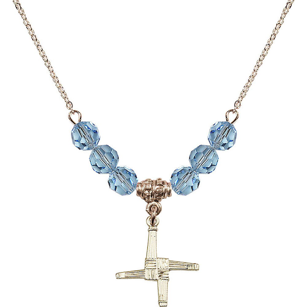 14kt Gold Filled Saint Brigid Cross Birthstone Necklace with Aqua Beads - 0290