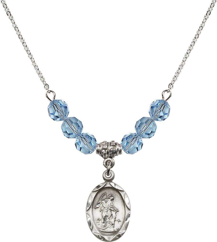 Sterling Silver Guardian Angel Birthstone Necklace with Aqua Beads - 0612