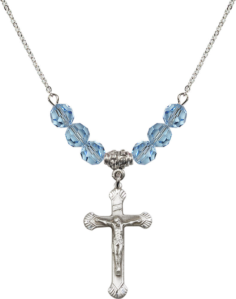 Sterling Silver Crucifix Birthstone Necklace with Aqua Beads - 0664