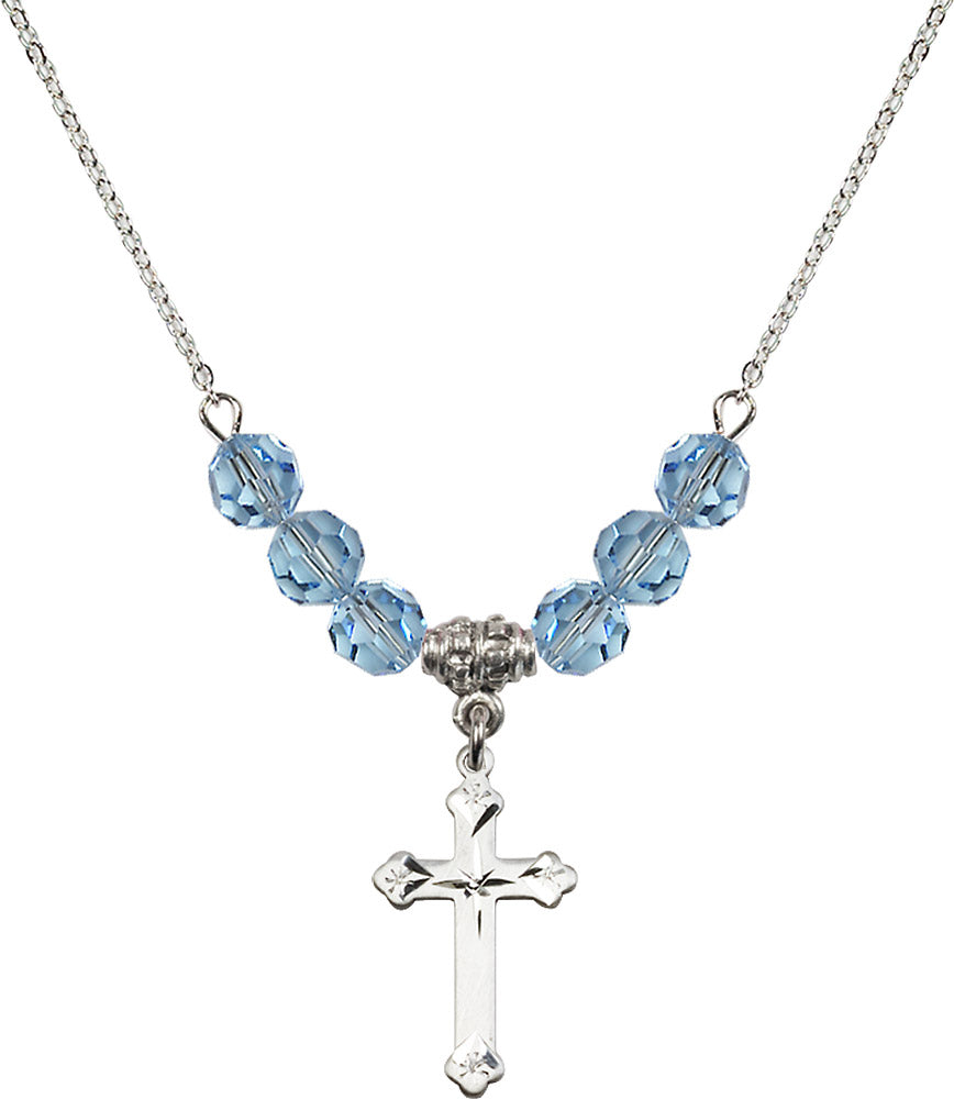 Sterling Silver Cross Birthstone Necklace with Aqua Beads - 0667