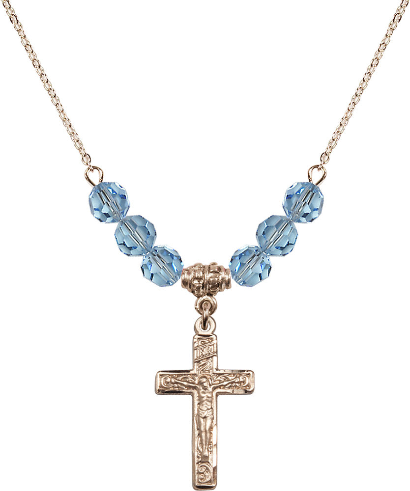 14kt Gold Filled Crucifix Birthstone Necklace with Aqua Beads - 0673