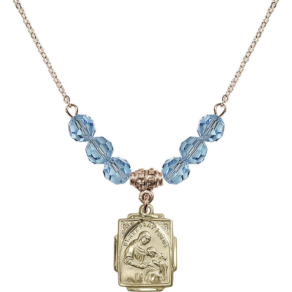 14kt Gold Filled Saint Ann Birthstone Necklace with Aqua Beads - 0804