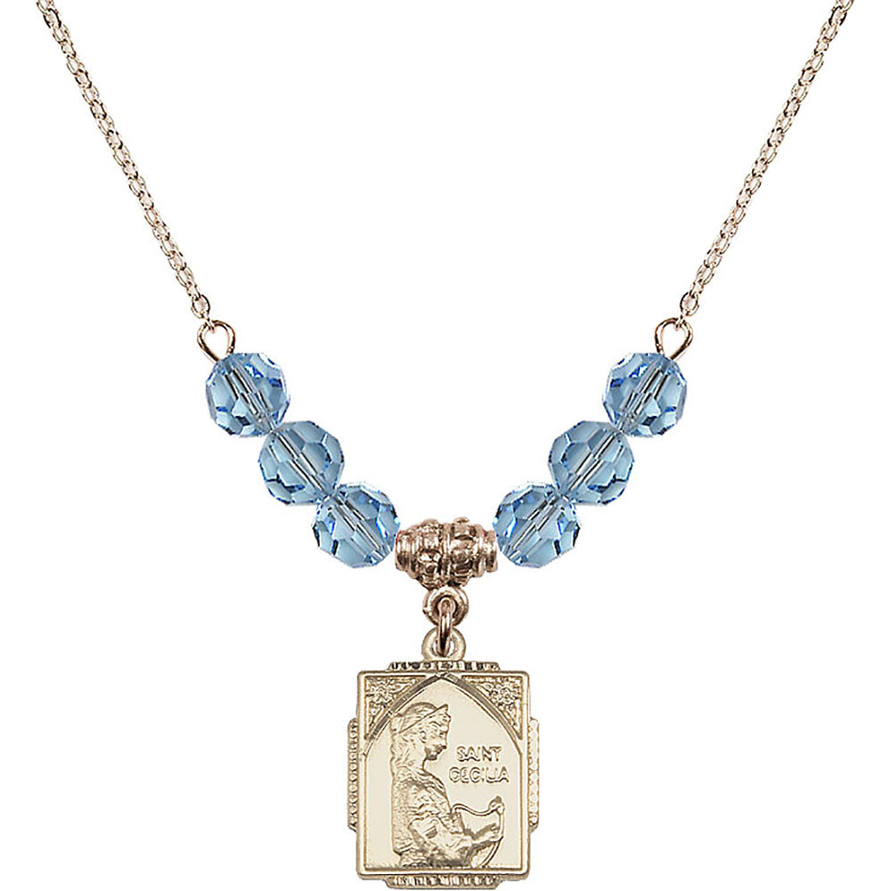 14kt Gold Filled Saint Cecilia Birthstone Necklace with Aqua Beads - 0804