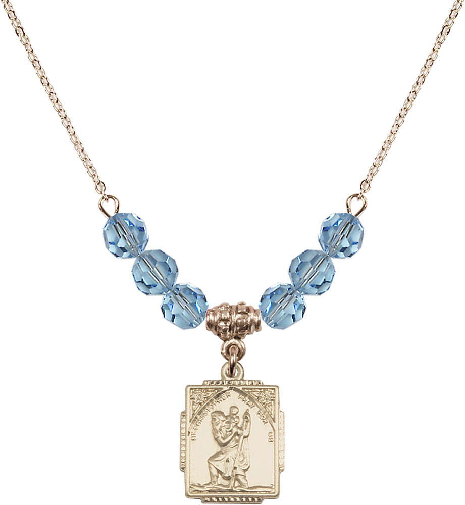 14kt Gold Filled Saint Christopher Birthstone Necklace with Aqua Beads - 0804