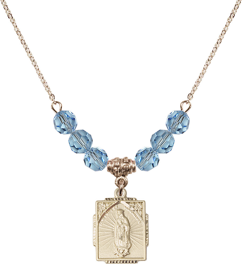 14kt Gold Filled Our Lady of Guadalupe Birthstone Necklace with Aqua Beads - 0804