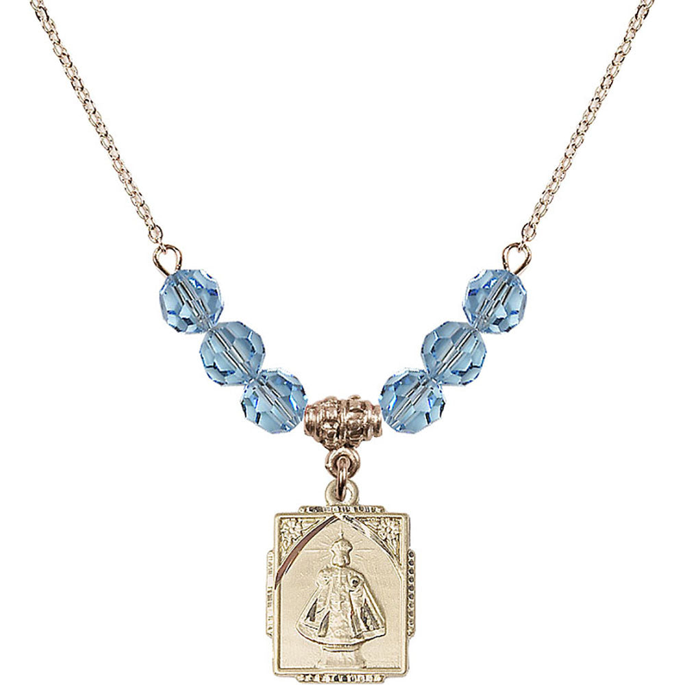 14kt Gold Filled Infant of Prague Birthstone Necklace with Aqua Beads - 0804