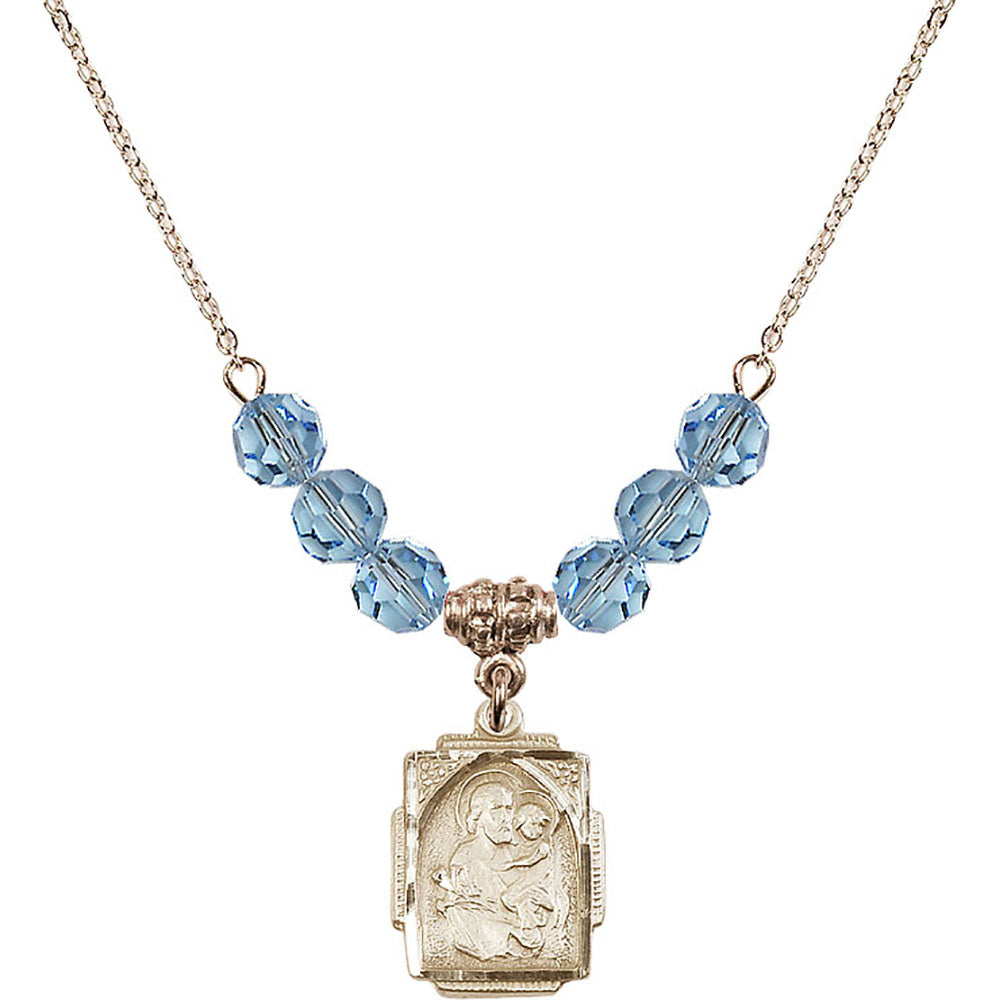 14kt Gold Filled Saint Joseph Birthstone Necklace with Aqua Beads - 0804