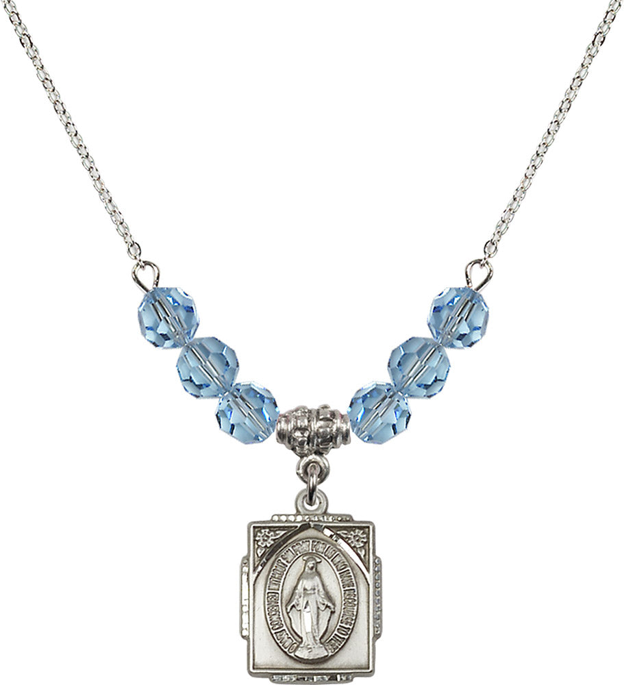 Sterling Silver Miraculous Birthstone Necklace with Aqua Beads - 0804