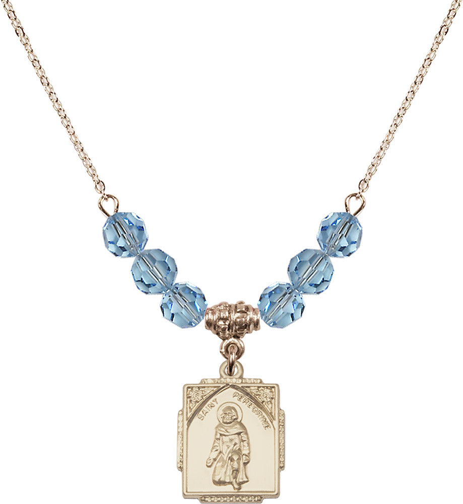 14kt Gold Filled Saint Peregrine Birthstone Necklace with Aqua Beads - 0804