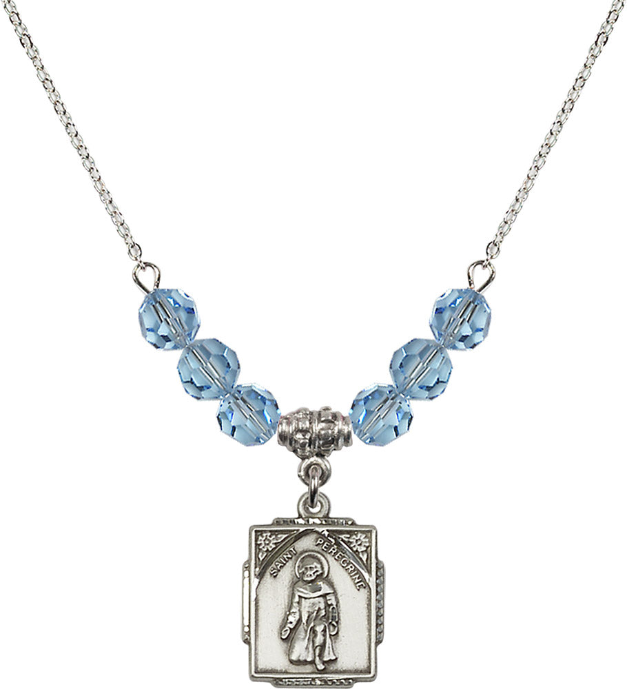 Sterling Silver Saint Peregrine Birthstone Necklace with Aqua Beads - 0804