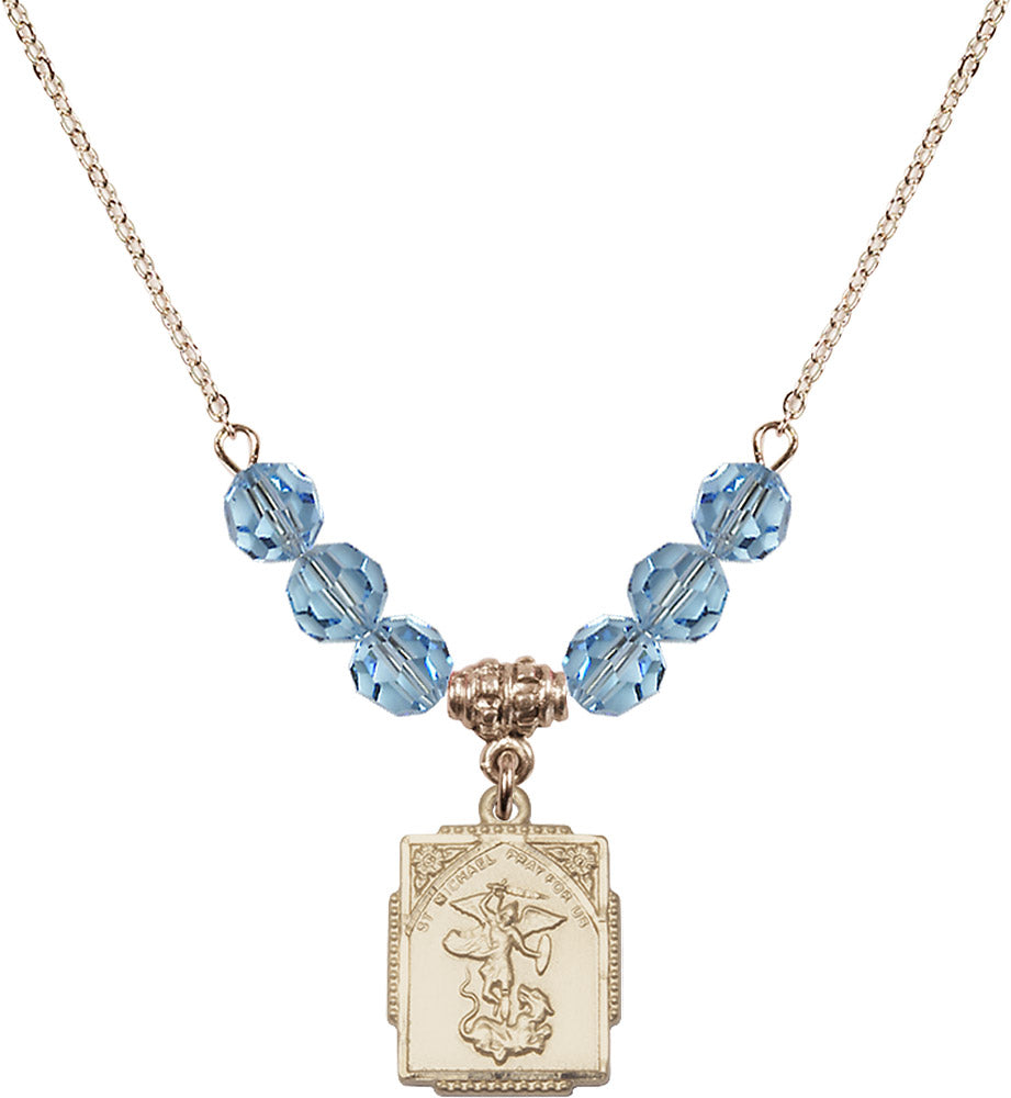 14kt Gold Filled Saint Michael the Archangel Birthstone Necklace with Aqua Beads - 0804
