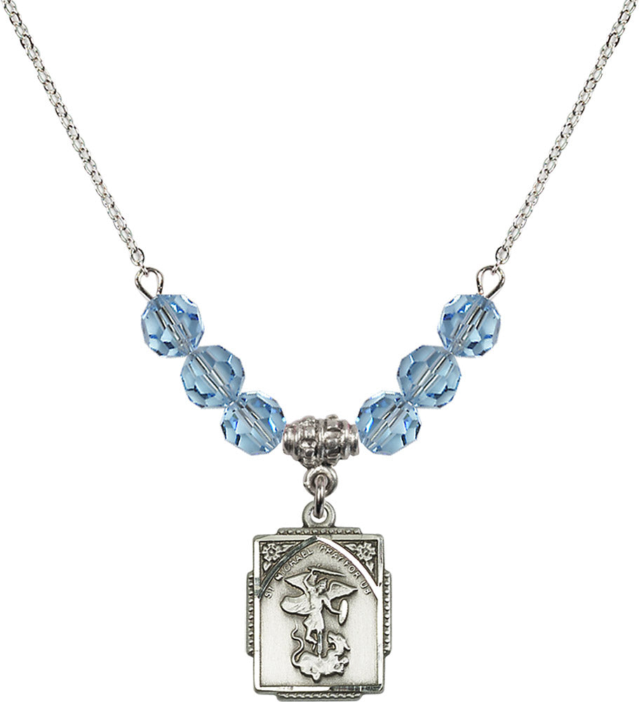 Sterling Silver Saint Michael the Archangel Birthstone Necklace with Aqua Beads - 0804