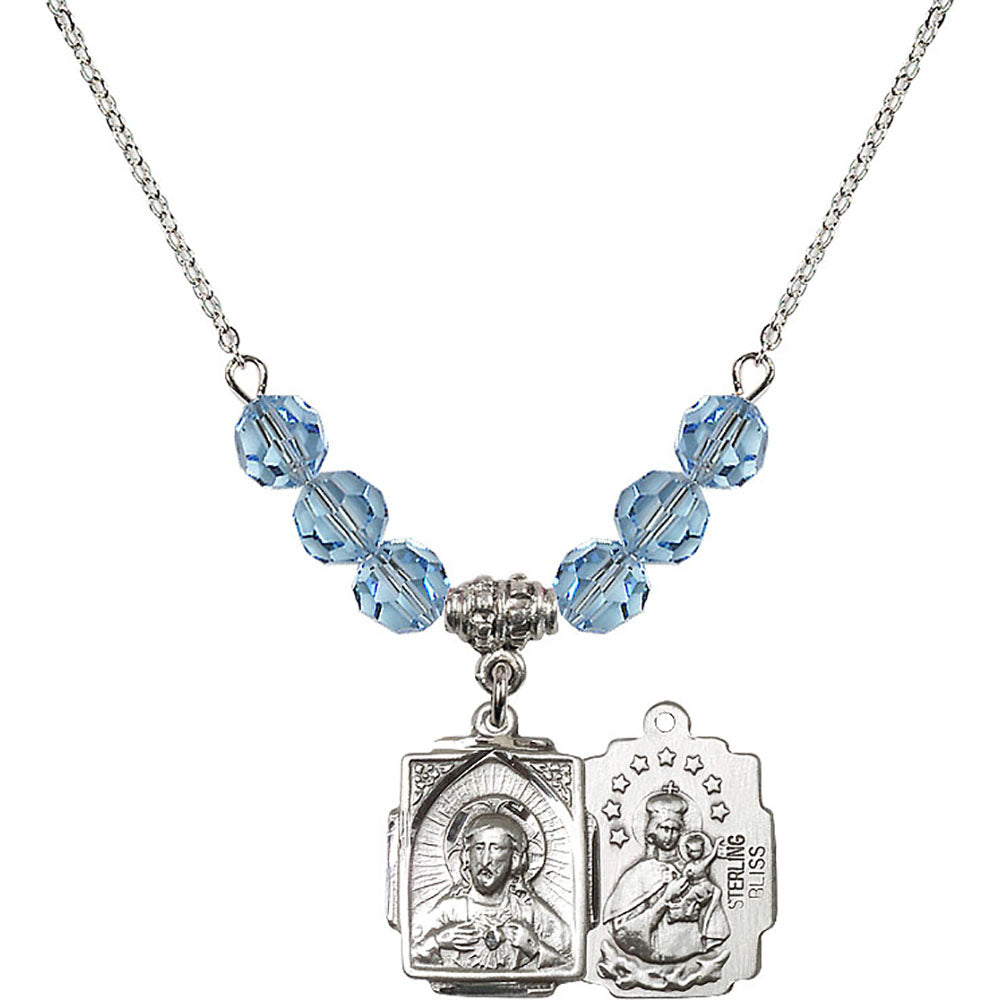 Sterling Silver Scapular Birthstone Necklace with Aqua Beads - 0804