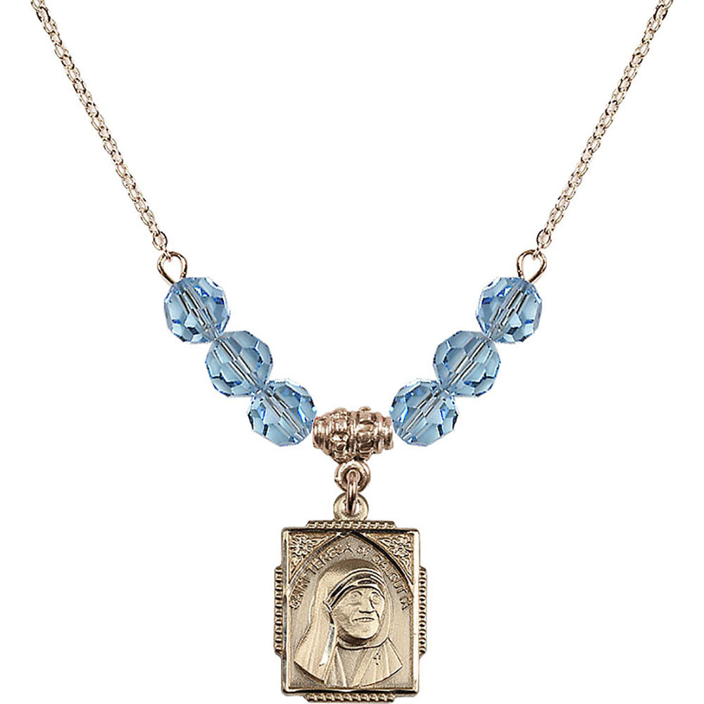 14kt Gold Filled Saint Teresa of Calcutta Birthstone Necklace with Aqua Beads - 0804