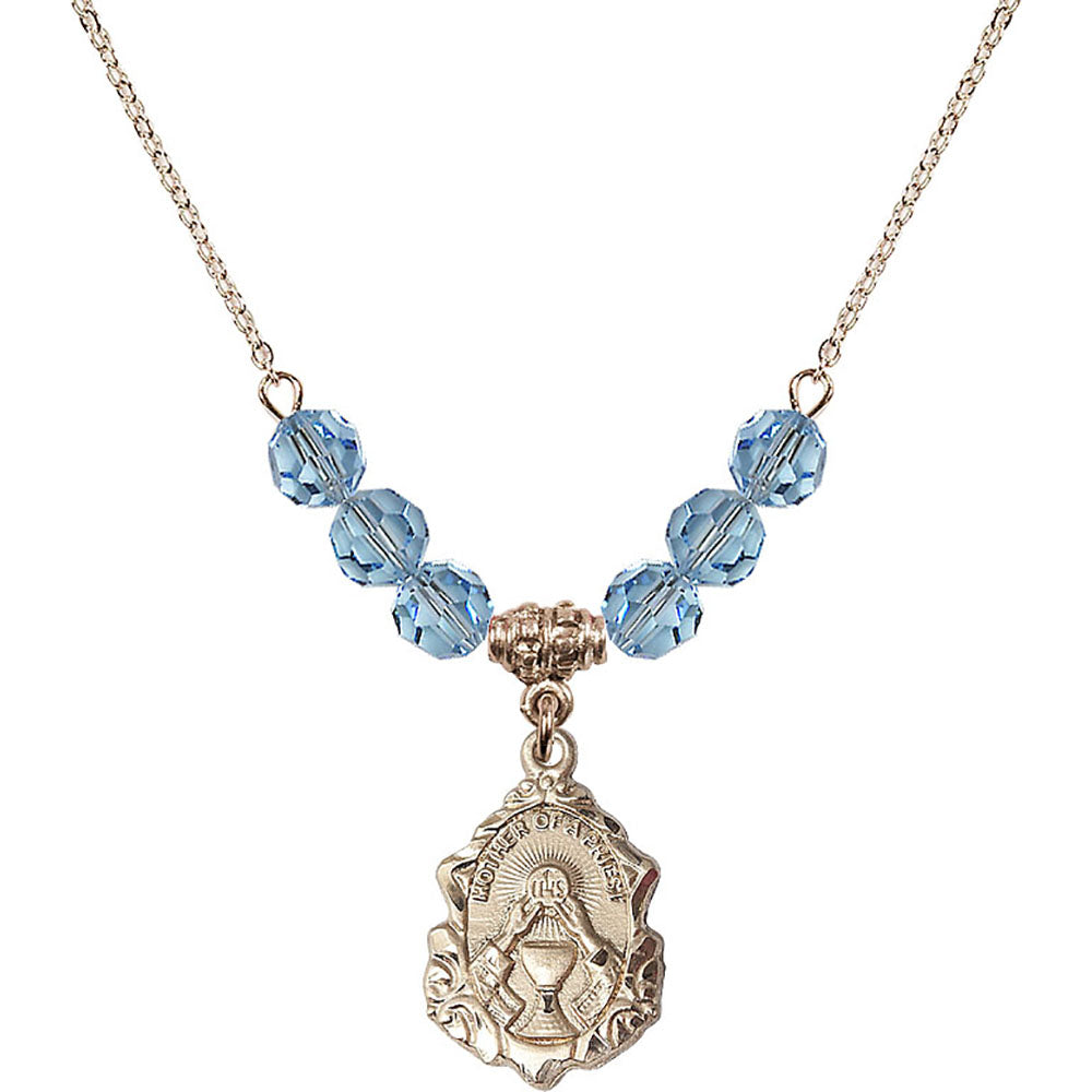 14kt Gold Filled Mother of a Priest Birthstone Necklace with Aqua Beads - 0811