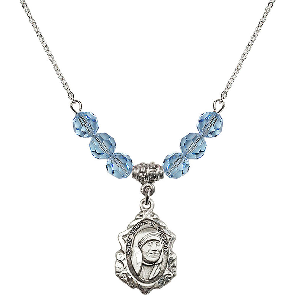 Sterling Silver Saint Teresa of Calcutta Birthstone Necklace with Aqua Beads - 0812