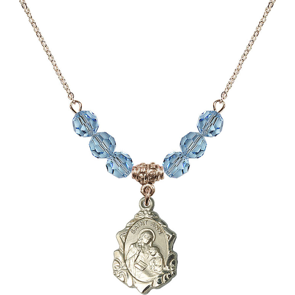 14kt Gold Filled Saint Ann Birthstone Necklace with Aqua Beads - 0822