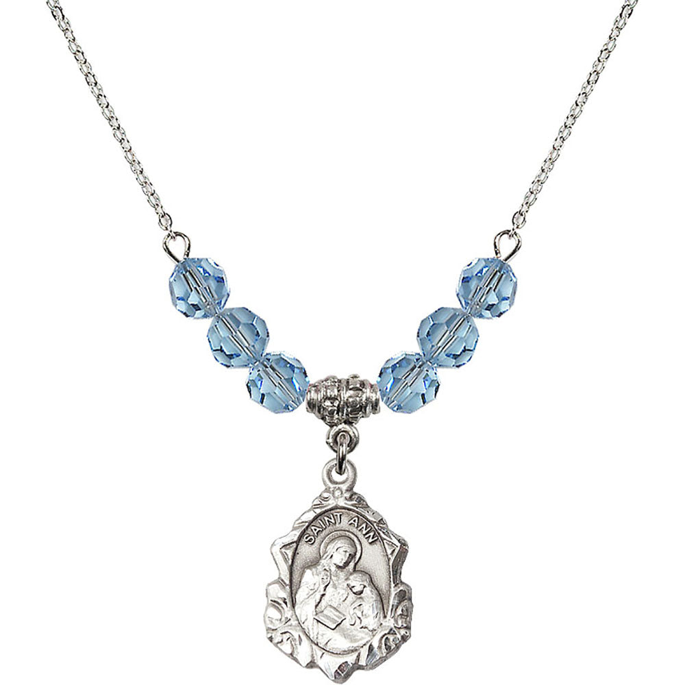 Sterling Silver Saint Ann Birthstone Necklace with Aqua Beads - 0822