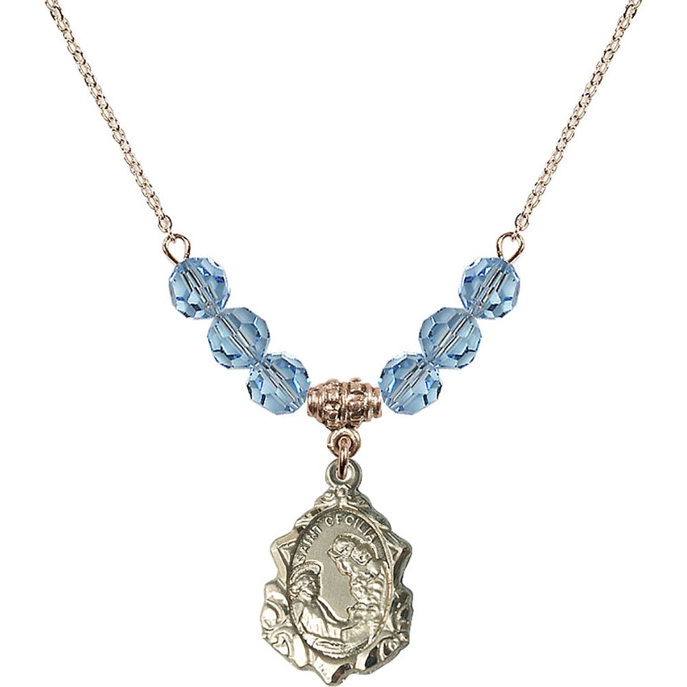 14kt Gold Filled Saint Cecilia Birthstone Necklace with Aqua Beads - 0822