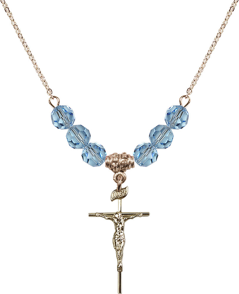 14kt Gold Filled Crucifix Birthstone Necklace with Aqua Beads - 1535