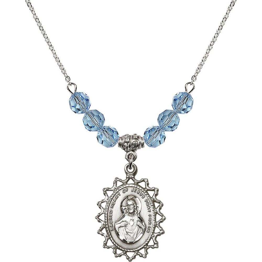 Sterling Silver Scapular Birthstone Necklace with Aqua Beads - 1619