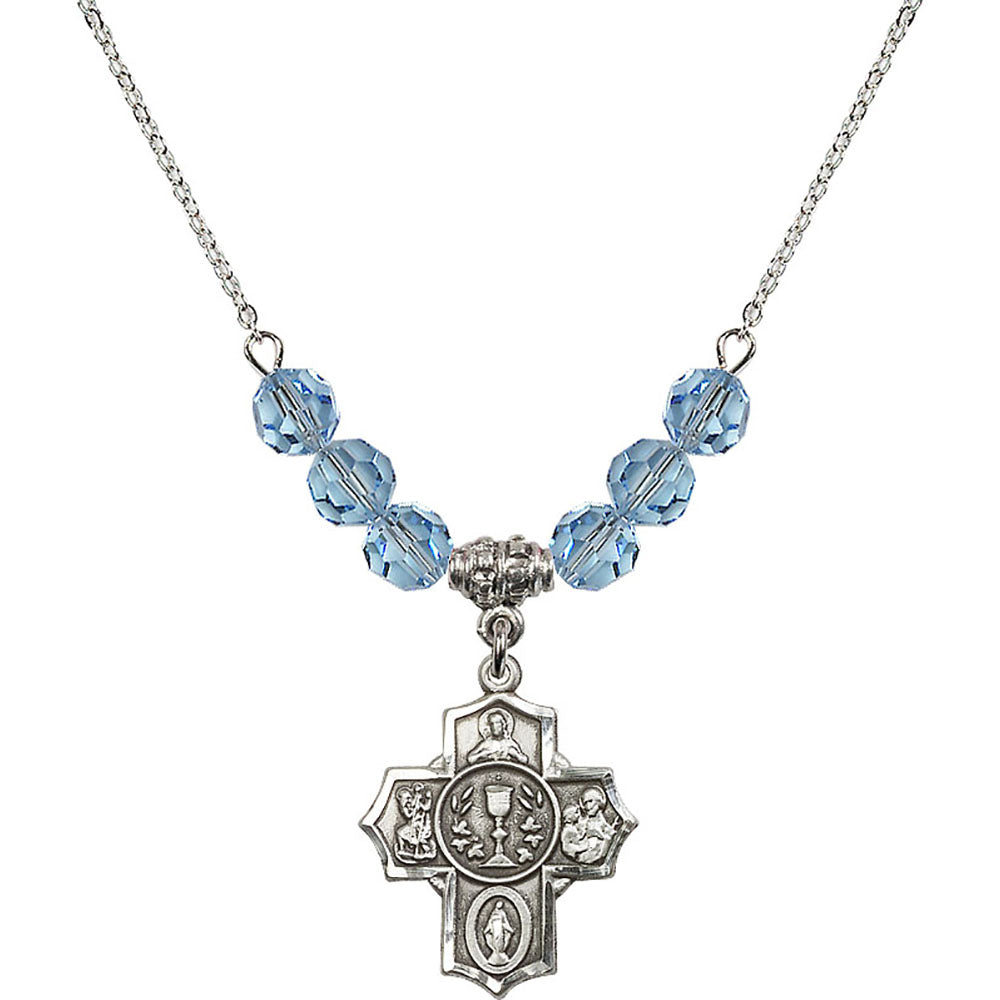 Sterling Silver Communion/5-Way Birthstone Necklace with Aqua Beads - 2004