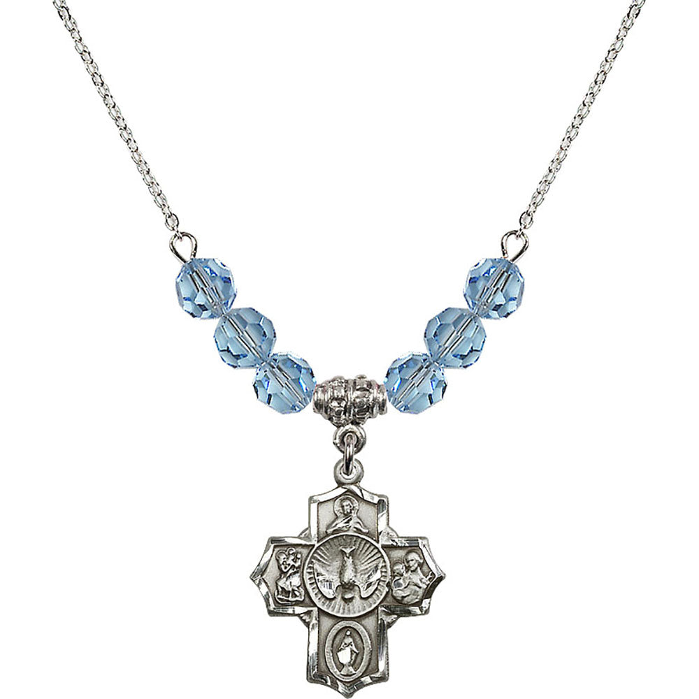 Sterling Silver 5-Way Birthstone Necklace with Aqua Beads - 2090