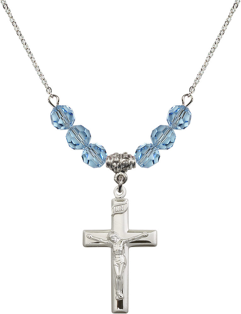 Sterling Silver Crucifix Birthstone Necklace with Aqua Beads - 2191
