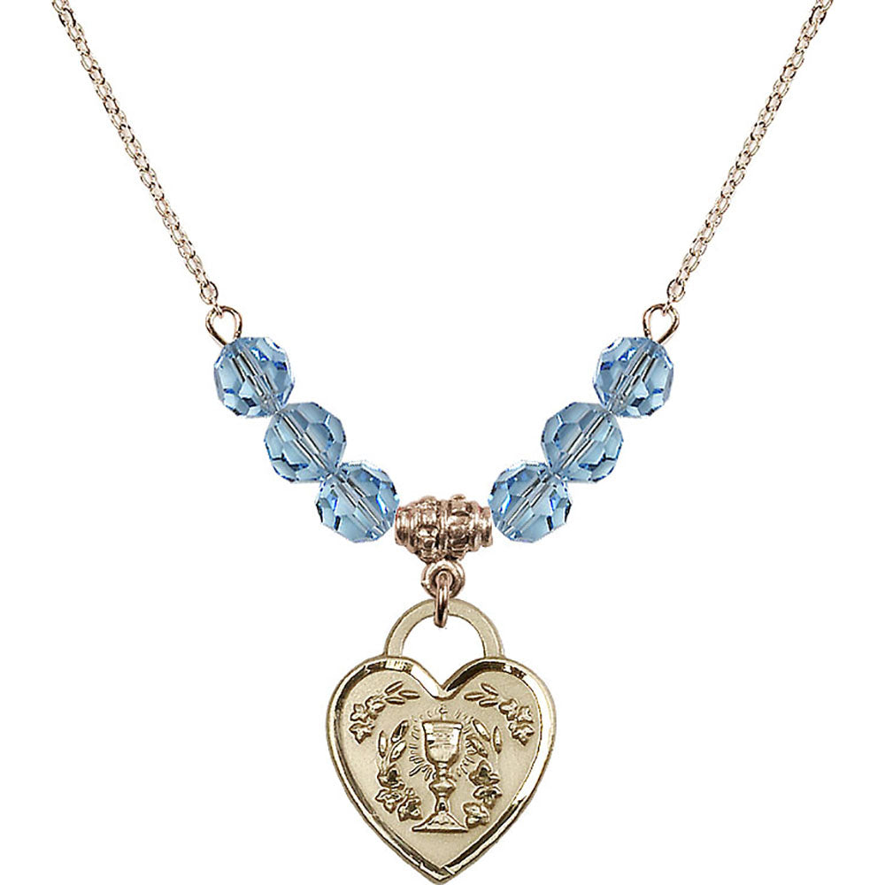 14kt Gold Filled Communion Heart Birthstone Necklace with Aqua Beads - 3204