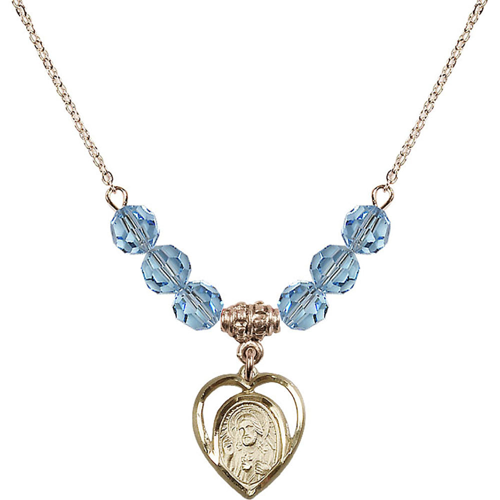 14kt Gold Filled Scapular Birthstone Necklace with Aqua Beads - 4126