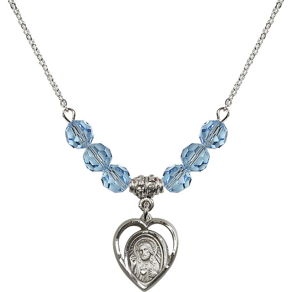Sterling Silver Scapular Birthstone Necklace with Aqua Beads - 4126