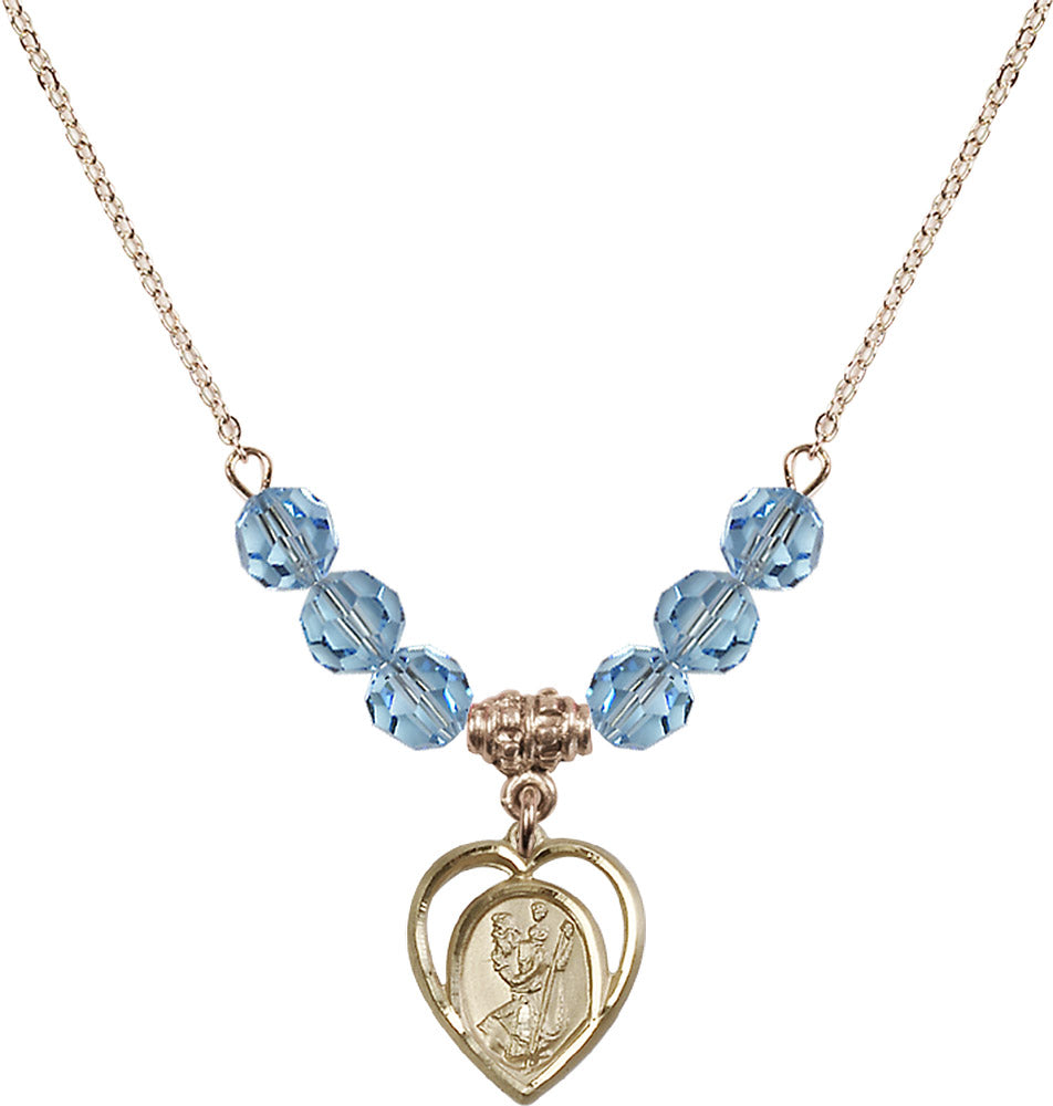 14kt Gold Filled Saint Christopher Birthstone Necklace with Aqua Beads - 4127