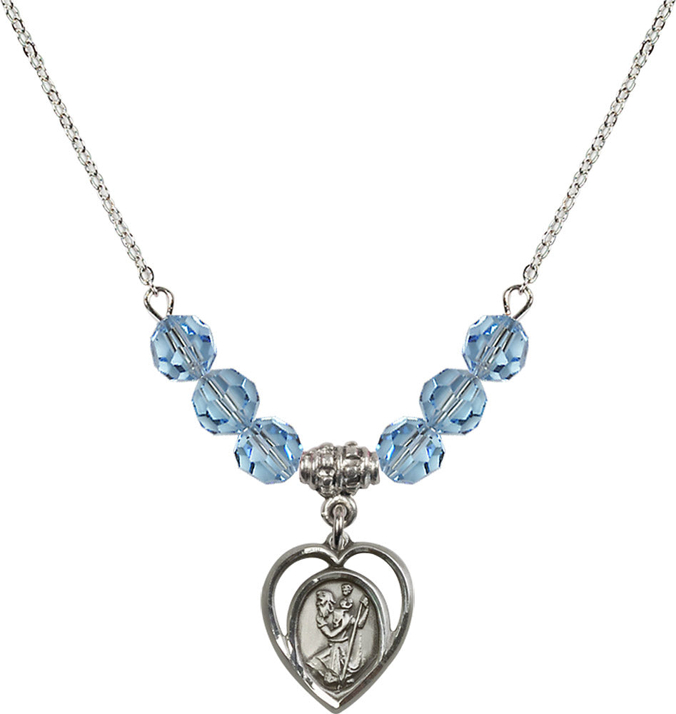 Sterling Silver Saint Christopher Birthstone Necklace with Aqua Beads - 4127