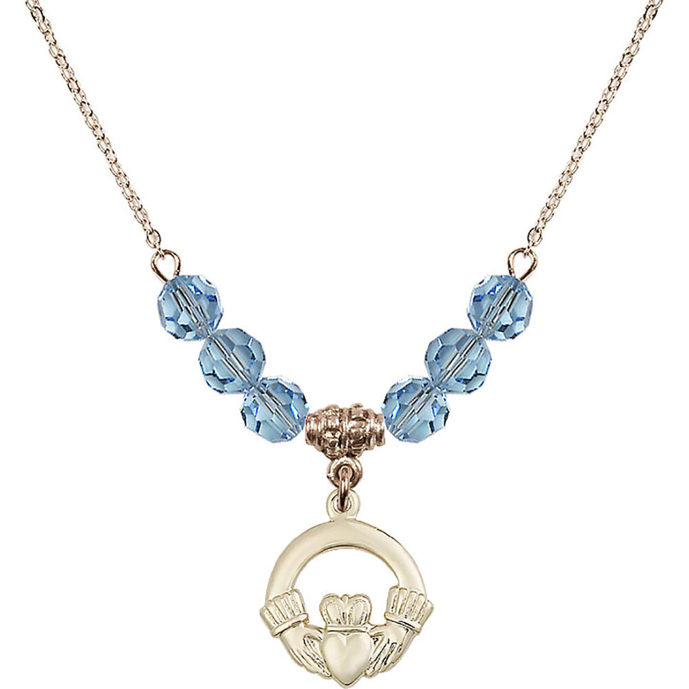 14kt Gold Filled Claddagh Birthstone Necklace with Aqua Beads - 4138